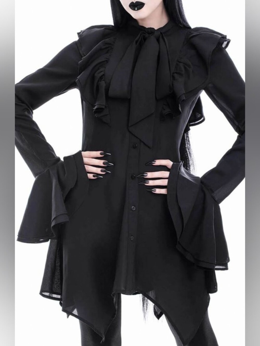 RARE Killstar 2020 Runa black chiffon blouse ruffle lavallière MEDIUM fits SMALL